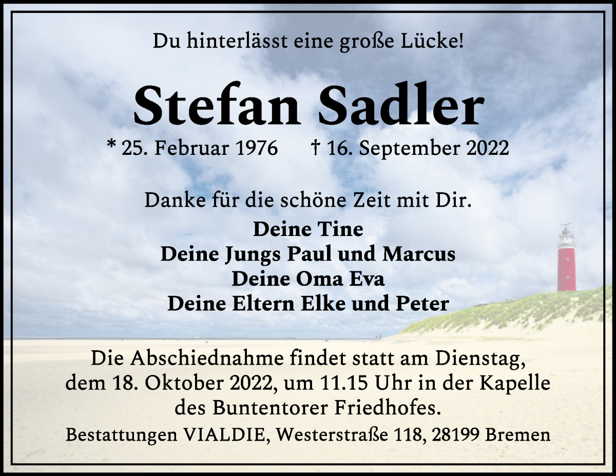  Traueranzeige für Stefan Sadler vom 01.10.2022 aus WESER-KURIER
