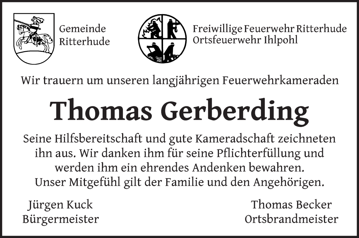  Traueranzeige für Thomas Gerberding vom 20.10.2022 aus Die Norddeutsche