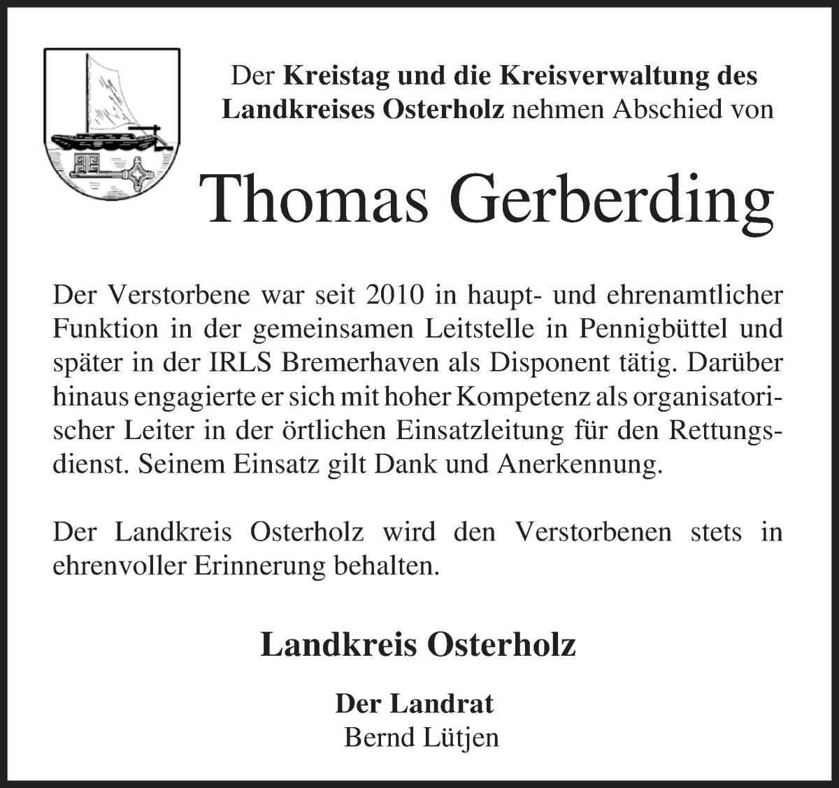  Traueranzeige für Thomas Gerberding vom 22.10.2022 aus Die Norddeutsche