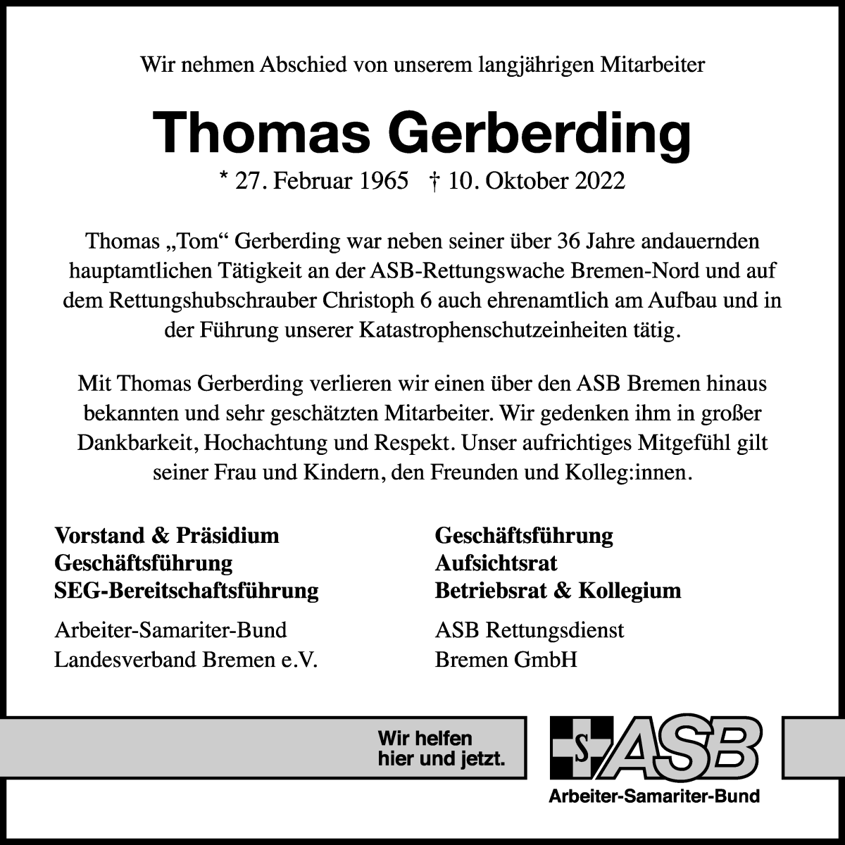  Traueranzeige für Thomas Gerberding vom 18.10.2022 aus WESER-KURIER