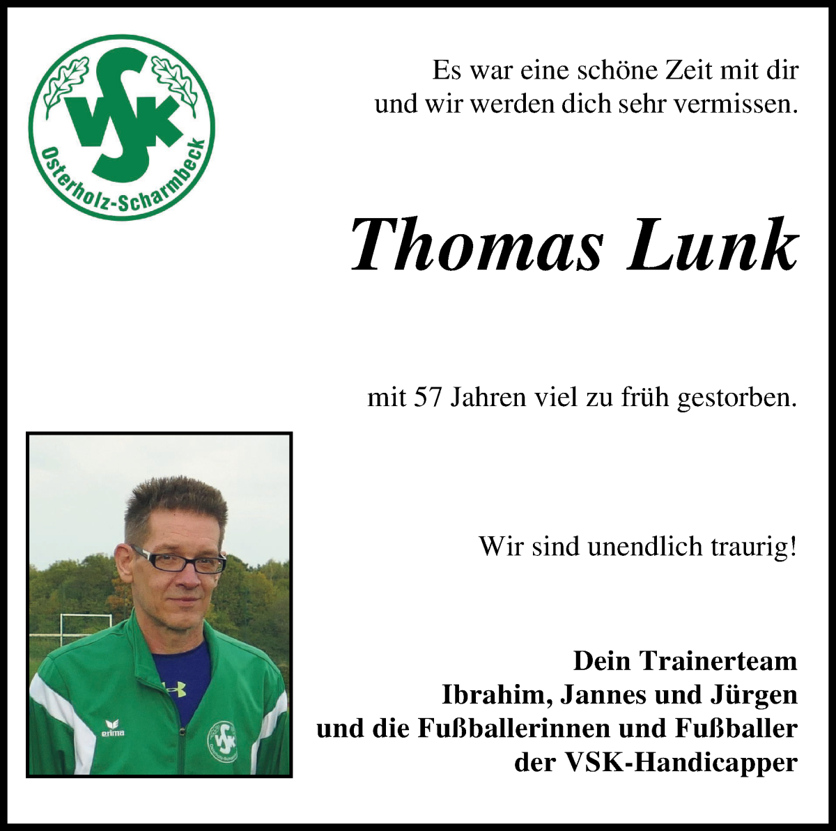 Traueranzeige von Thomas Lunk von Die Norddeutsche