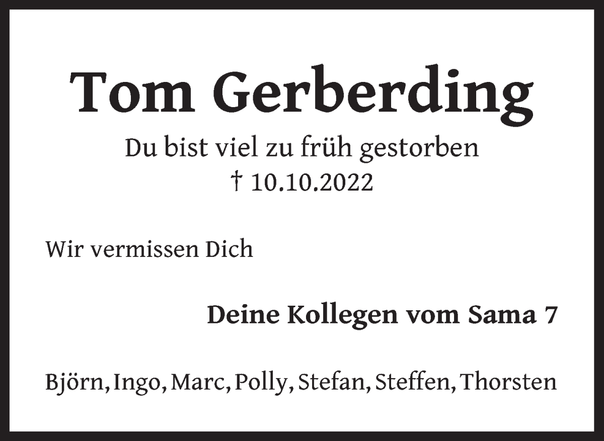  Traueranzeige für Thomas Gerberding vom 18.10.2022 aus WESER-KURIER