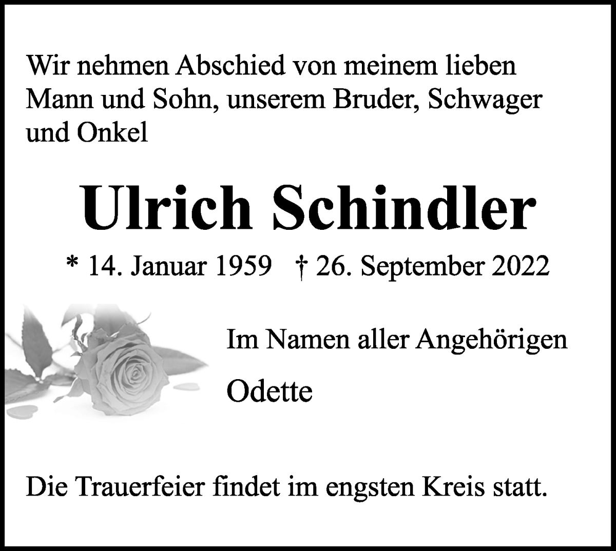  Traueranzeige für Ulrich Schindler vom 01.10.2022 aus WESER-KURIER