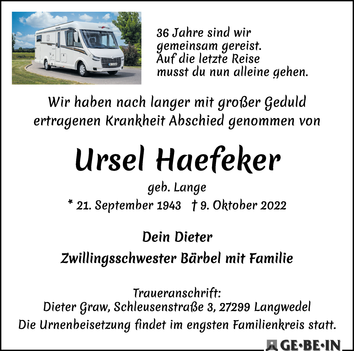  Traueranzeige für Ursel Haefeker vom 15.10.2022 aus WESER-KURIER