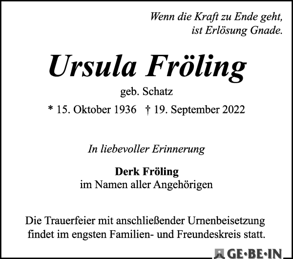 Traueranzeige von Ursula Fröling von WESER-KURIER