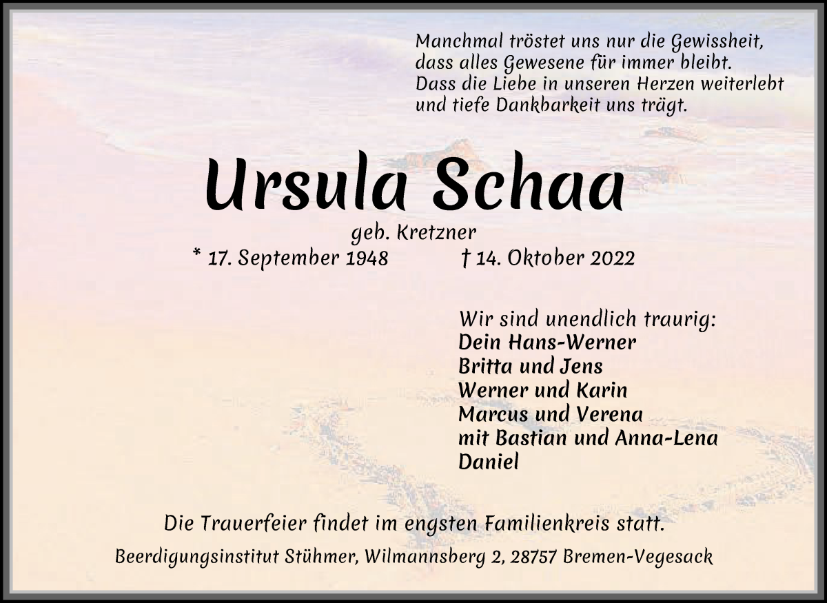  Traueranzeige für Ursula Schaa vom 22.10.2022 aus Die Norddeutsche
