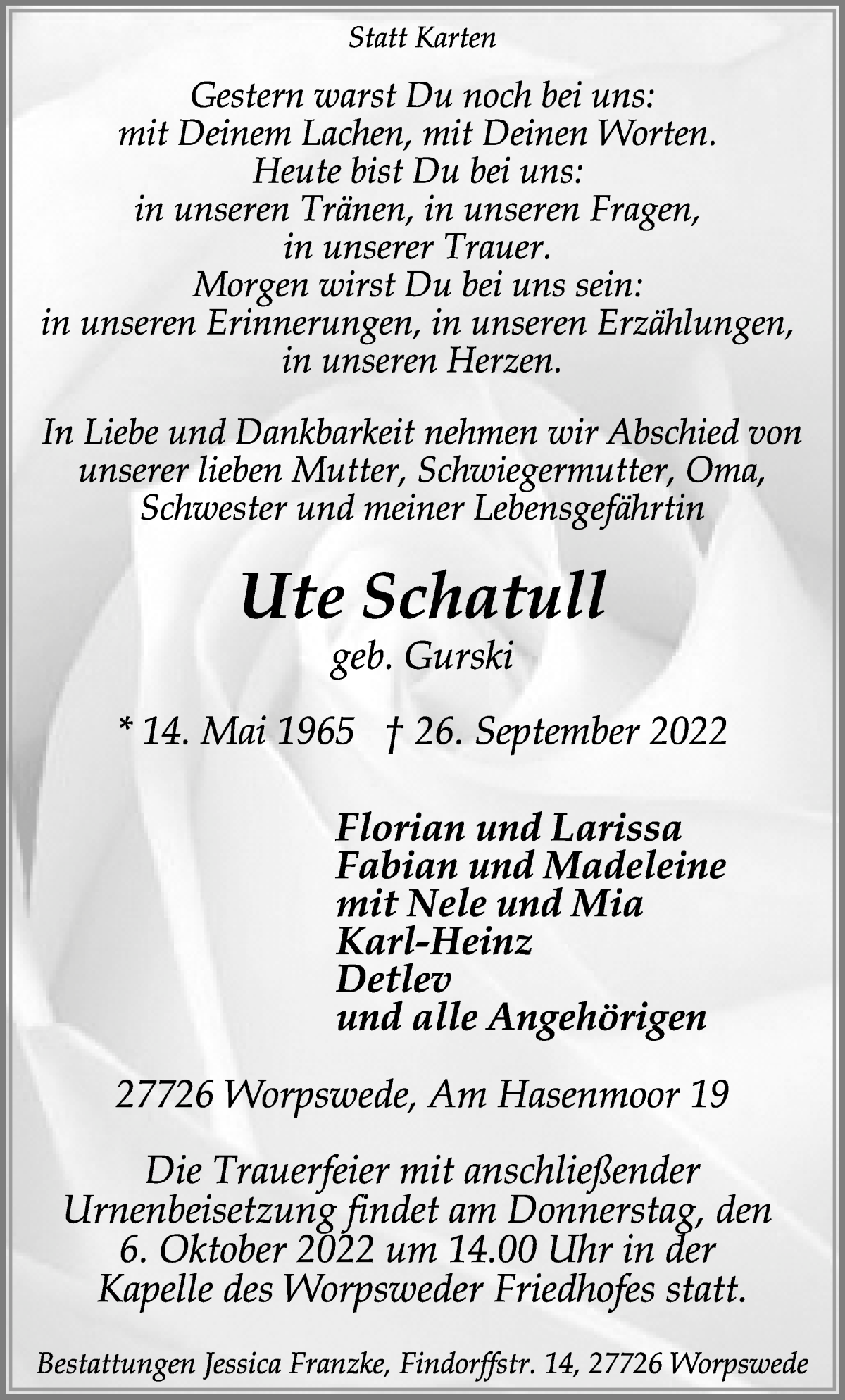  Traueranzeige für Ute Schatull vom 01.10.2022 aus Wuemme Zeitung