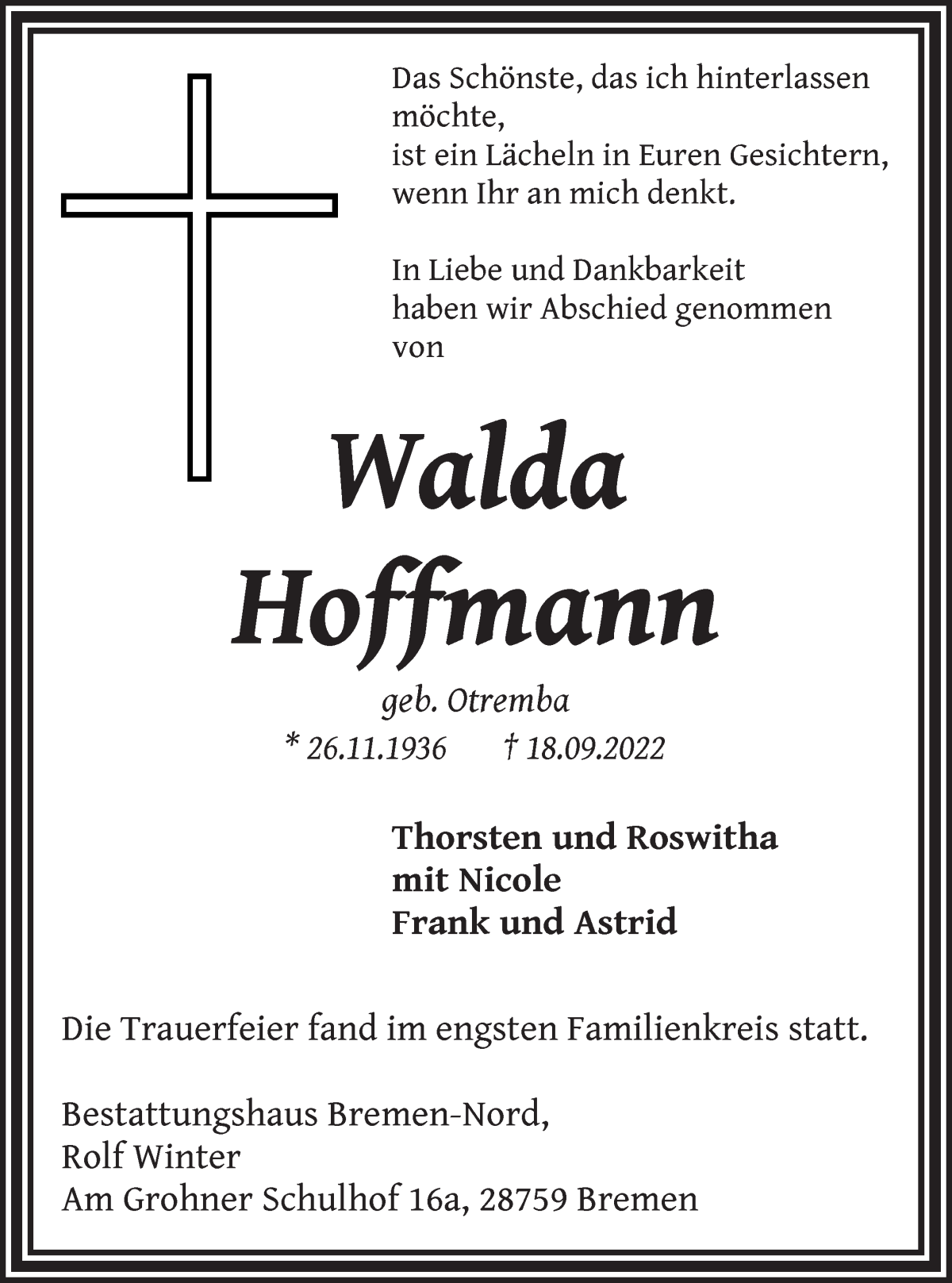 Traueranzeige von Walda Hoffmann von Die Norddeutsche