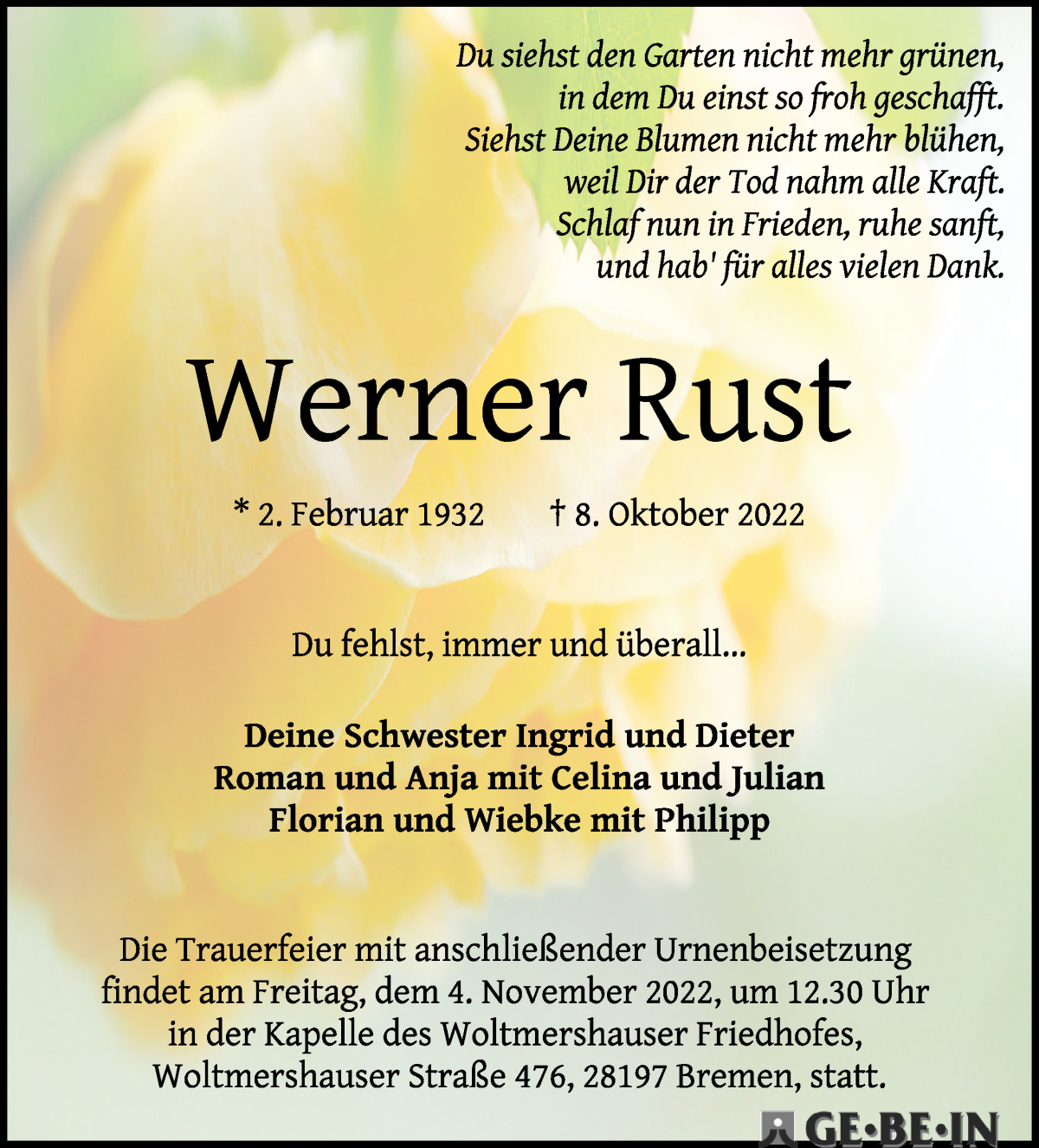  Traueranzeige für Werner Rust vom 22.10.2022 aus WESER-KURIER