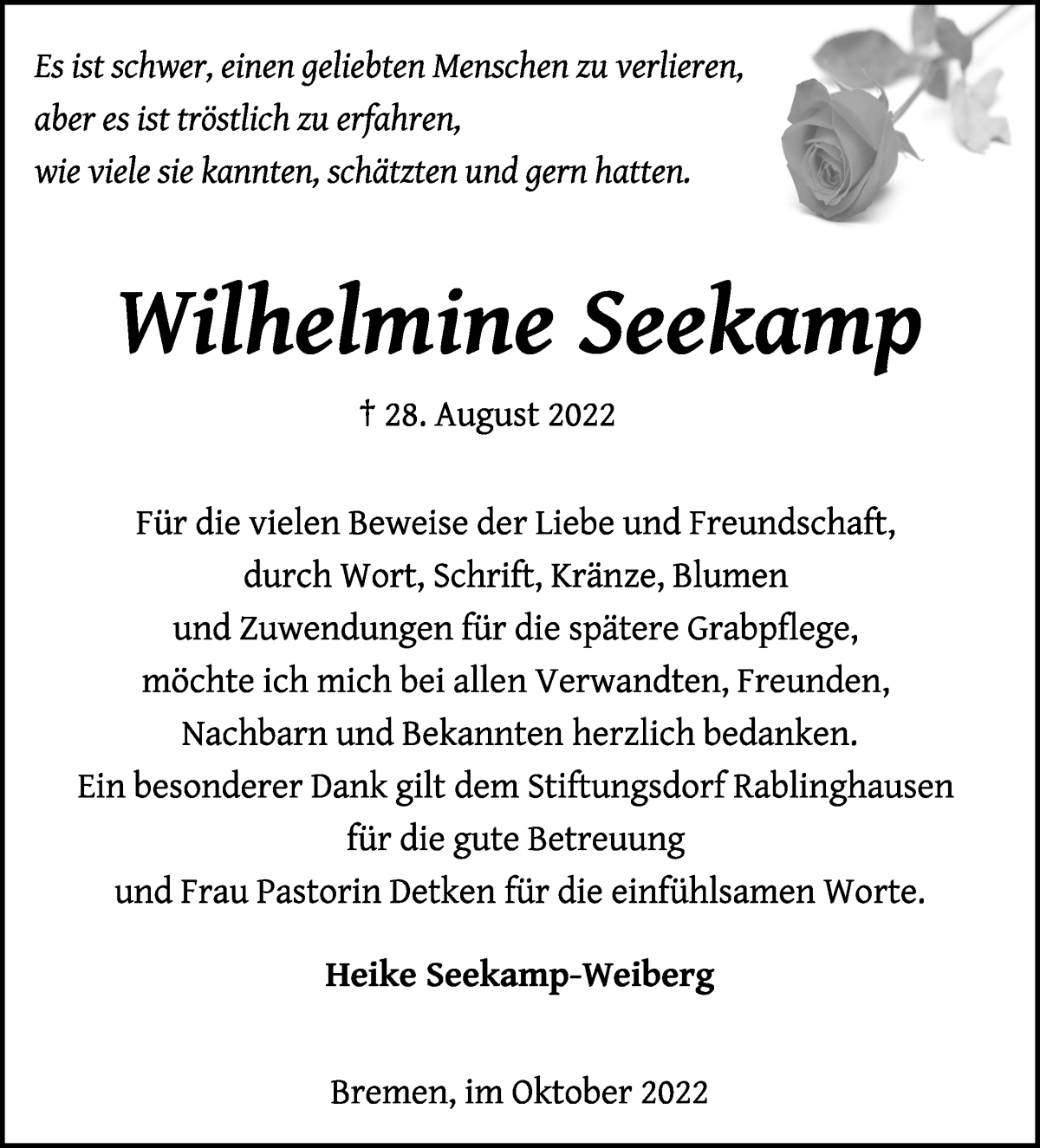  Traueranzeige für Wilhelmine Seekamp vom 08.10.2022 aus WESER-KURIER