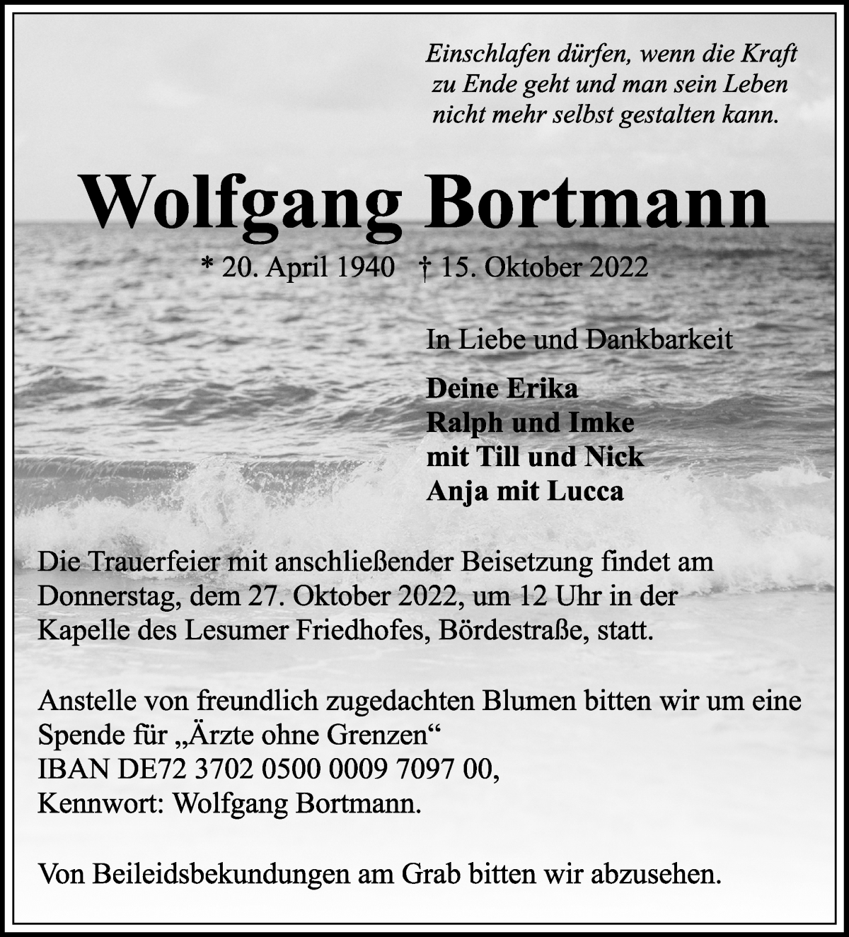 Traueranzeige von Wolfgang Bortmann von Die Norddeutsche