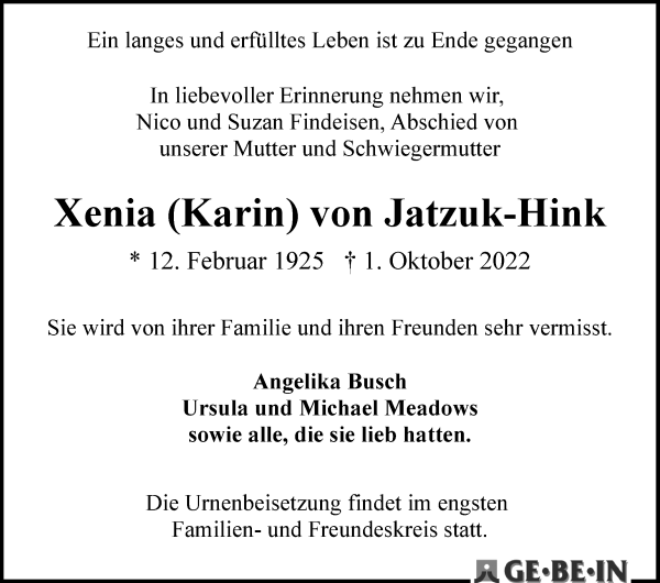 Traueranzeige von Xenia (Karin) von Jatzuk-Hink von WESER-KURIER