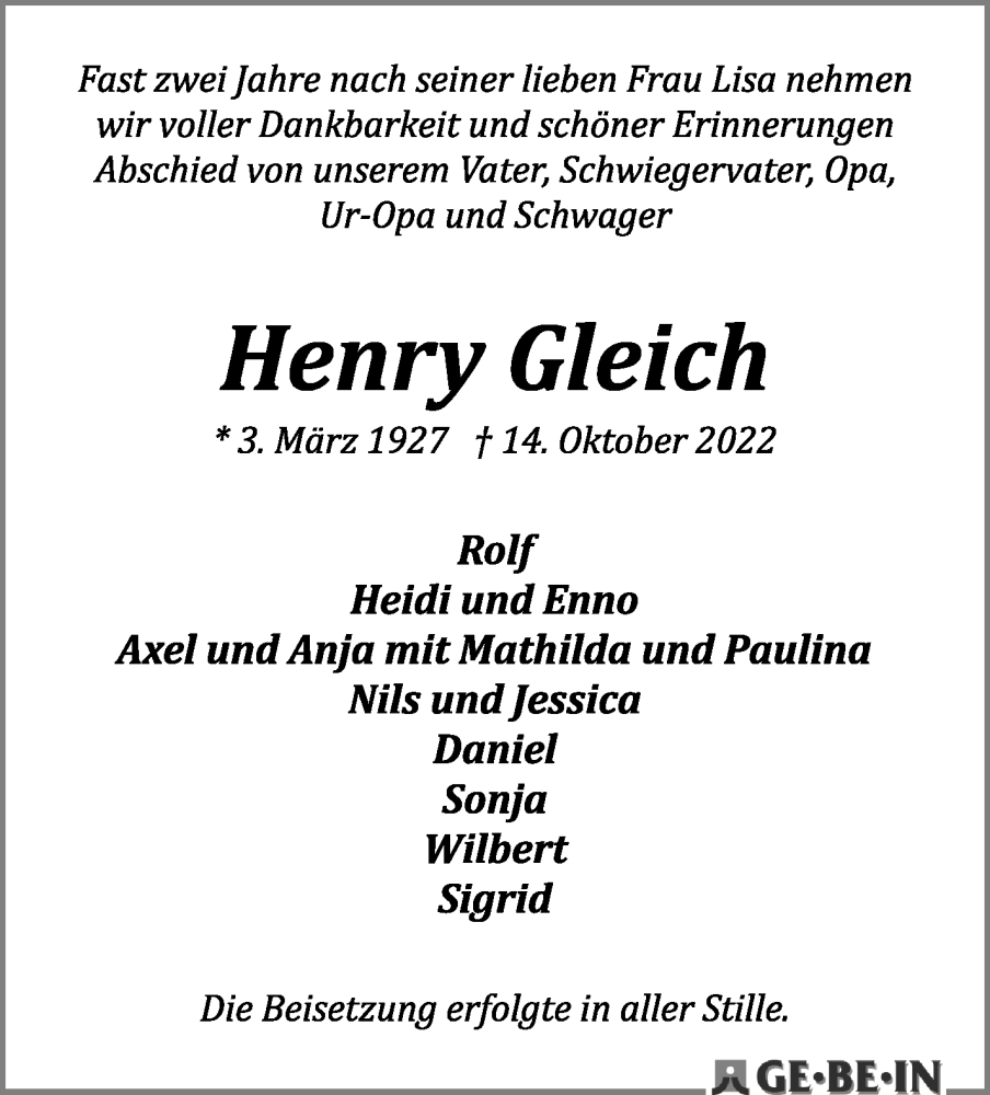  Traueranzeige für Henry Gleich vom 12.11.2022 aus WESER-KURIER
