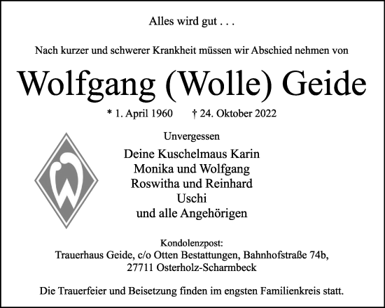 Traueranzeige von Wolfgang Geide von Osterholzer Kreisblatt