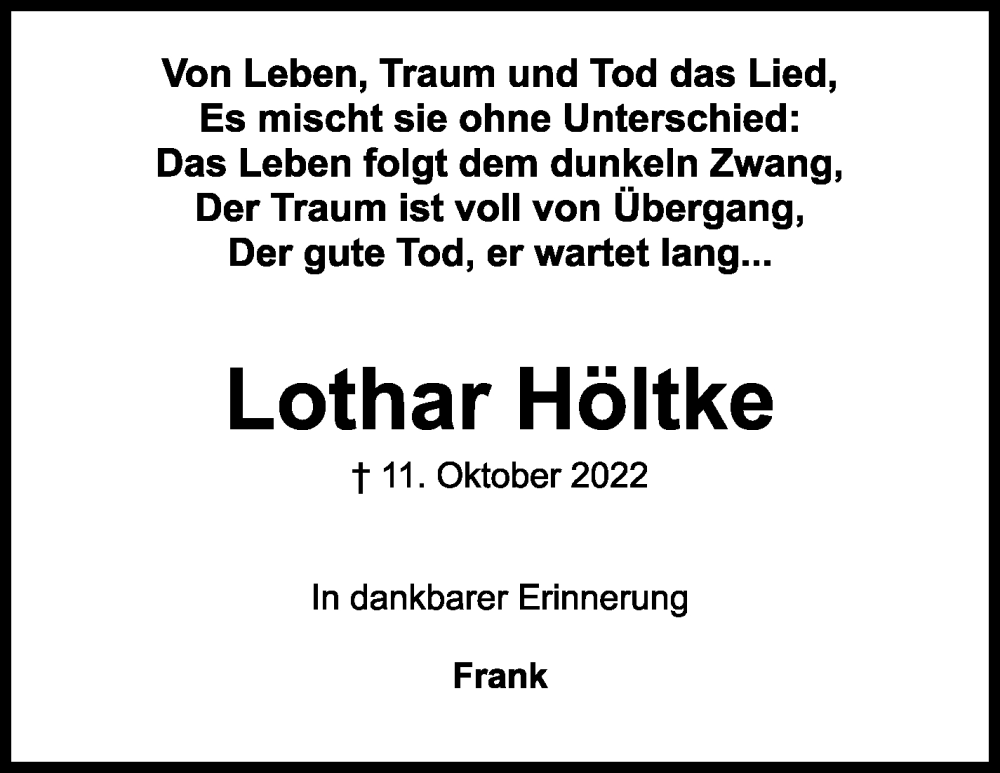 Traueranzeige von Lothar Höltke von Wümme Zeitung