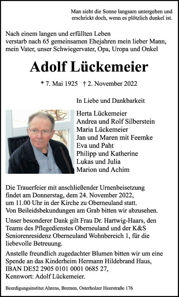 Traueranzeige von Adolf Lückemeier von WESER-KURIER