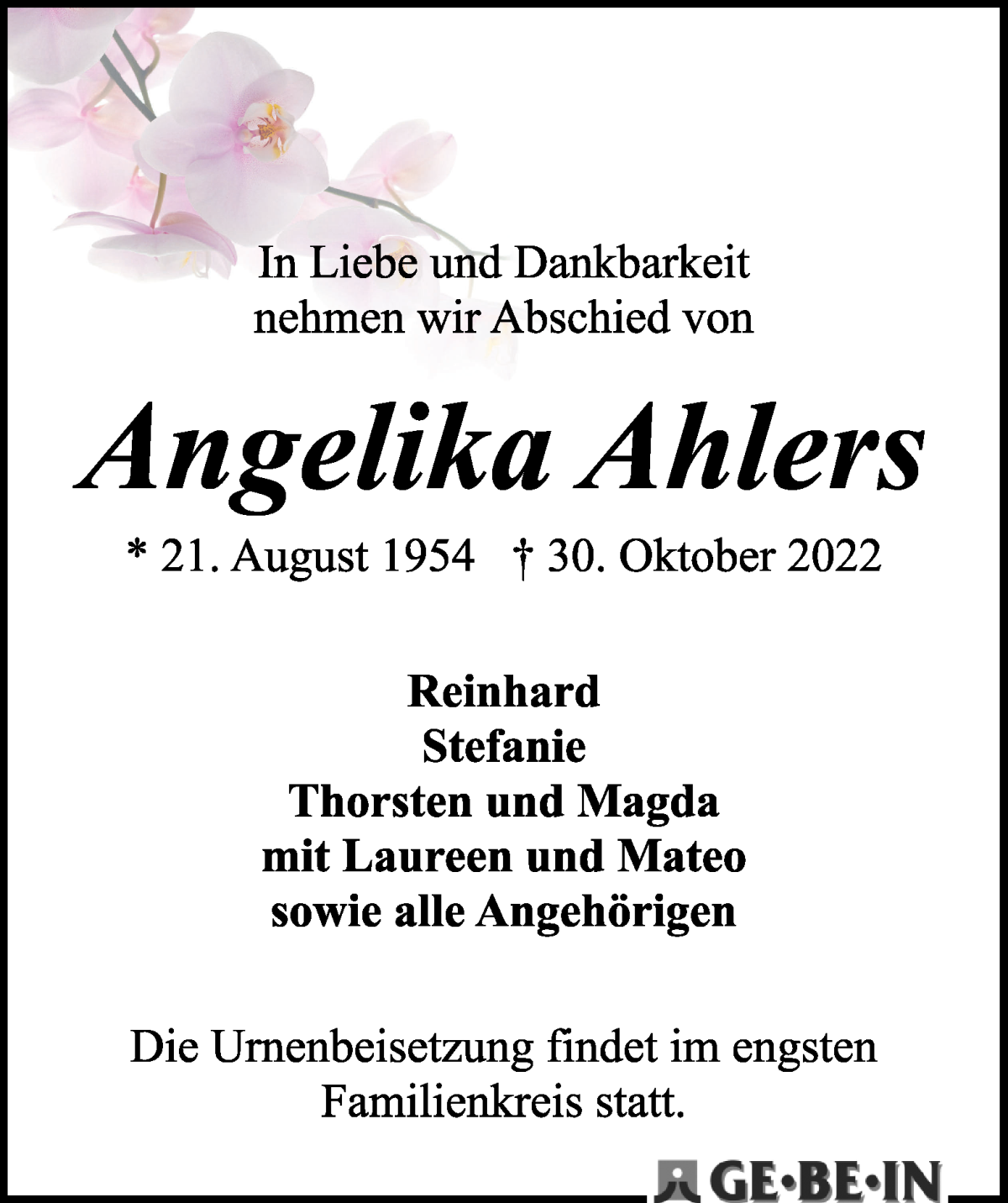  Traueranzeige für Angelika Ahlers vom 12.11.2022 aus WESER-KURIER