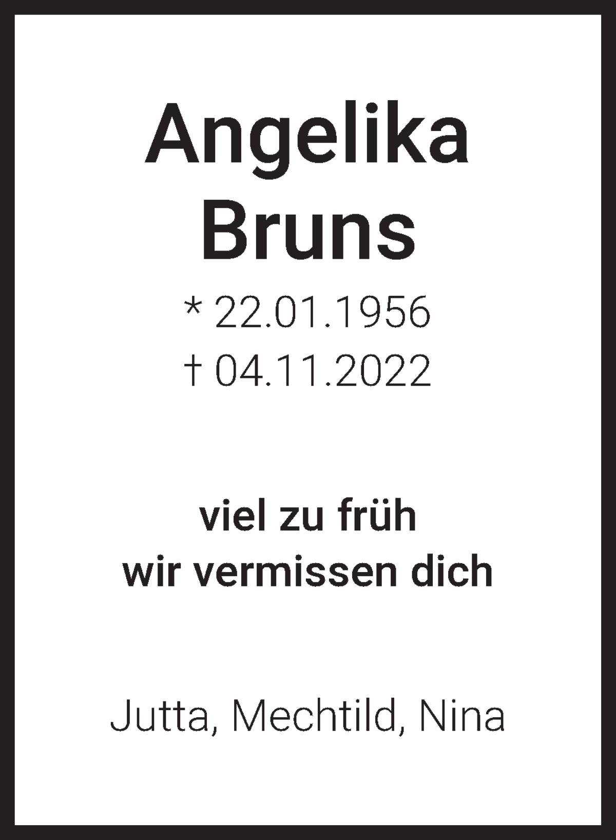  Traueranzeige für Angelika Bruns vom 19.11.2022 aus WESER-KURIER