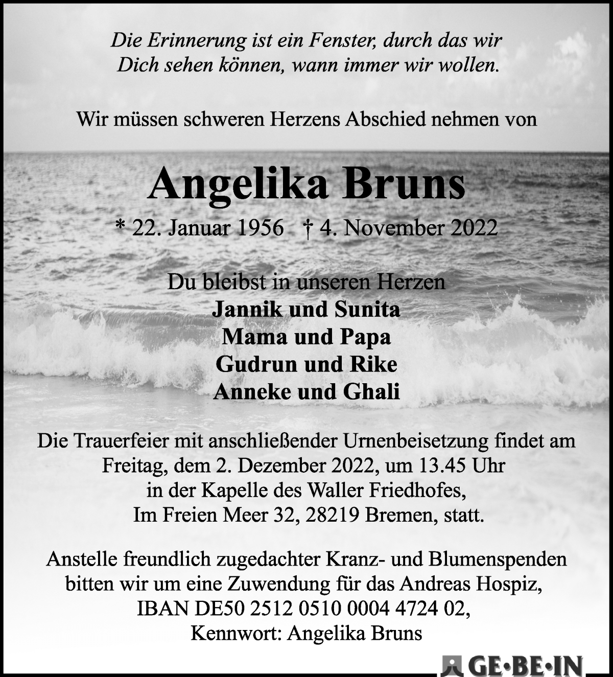  Traueranzeige für Angelika Bruns vom 19.11.2022 aus WESER-KURIER