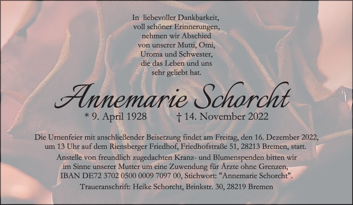  Traueranzeige für Annemarie Schorcht vom 26.11.2022 aus WESER-KURIER