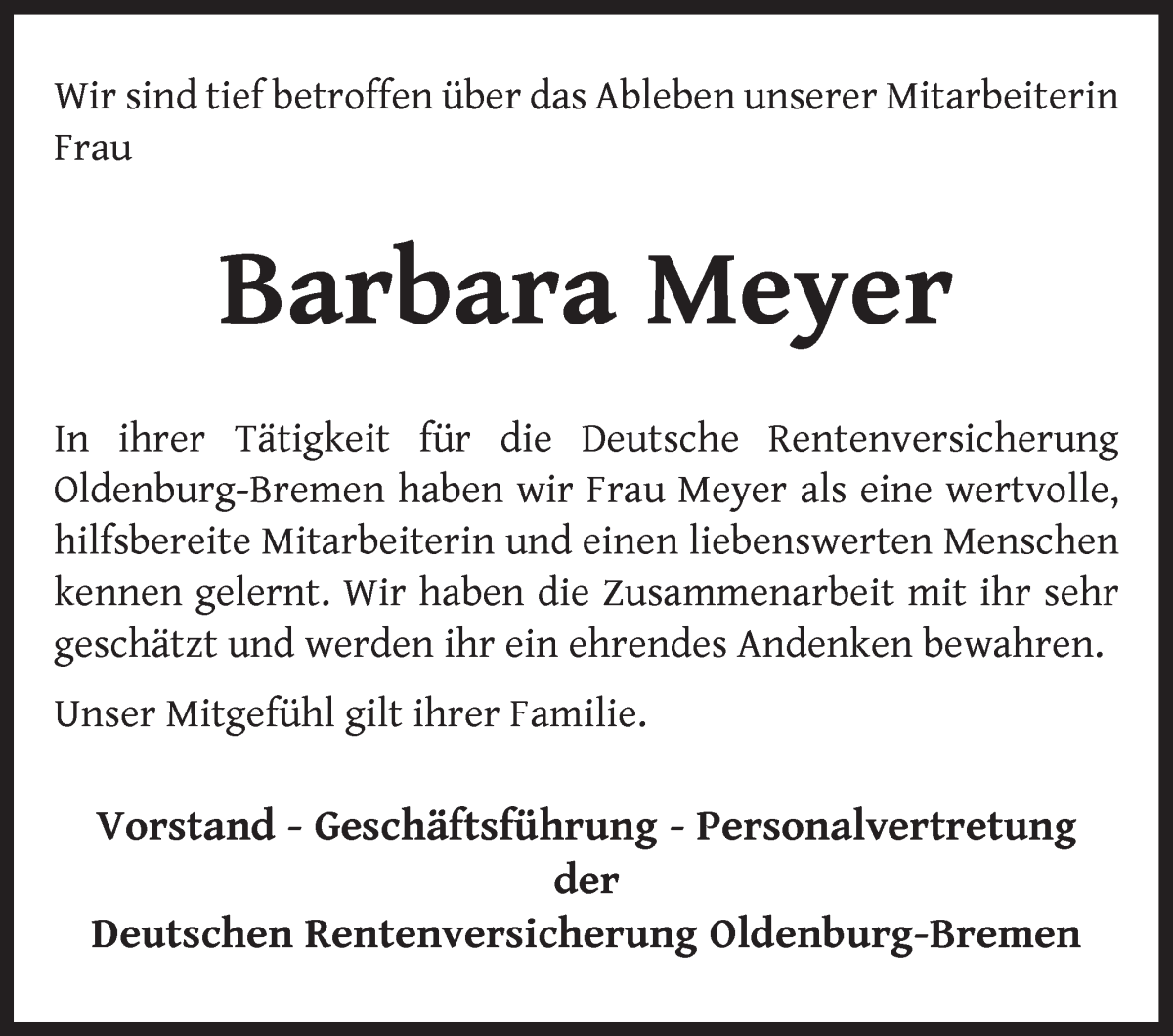 Traueranzeige von Barbara Meyer von WESER-KURIER