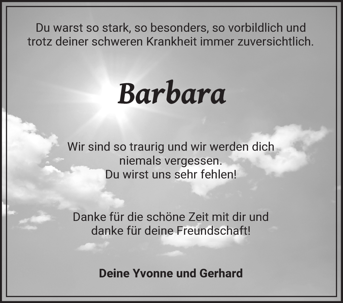 Traueranzeige von Barbara Meyer von Die Norddeutsche