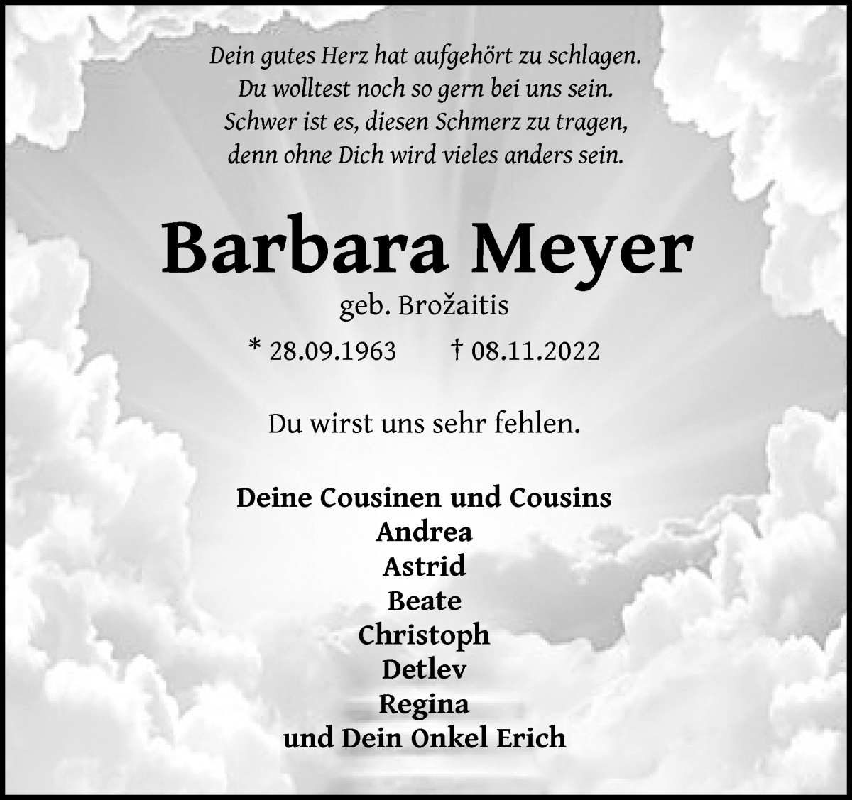  Traueranzeige für Barbara Meyer vom 19.11.2022 aus Die Norddeutsche