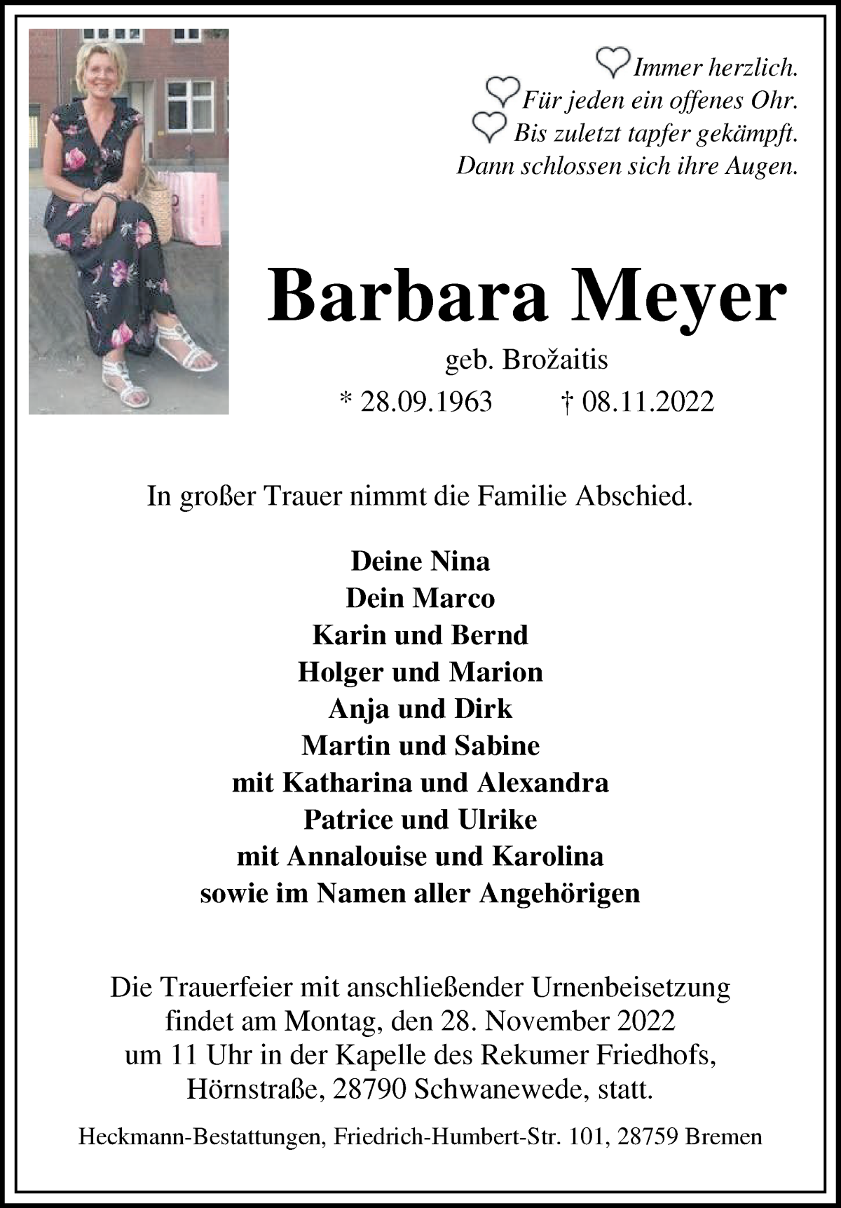  Traueranzeige für Barbara Meyer vom 19.11.2022 aus WESER-KURIER
