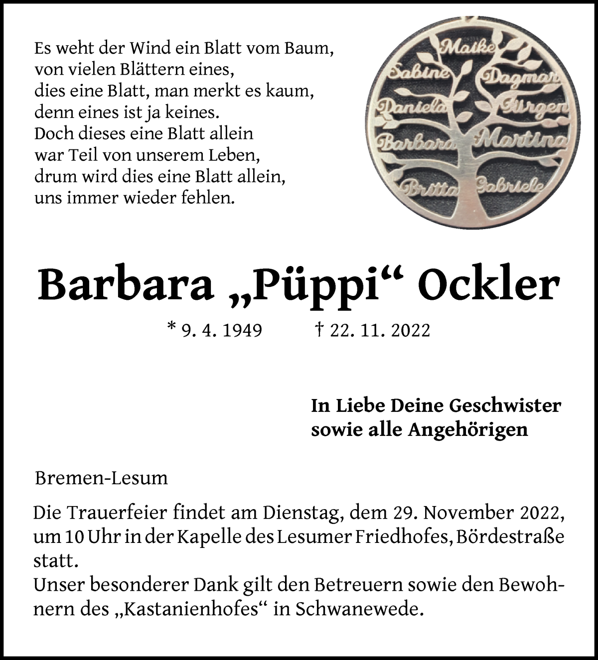  Traueranzeige für Barbara Ockler vom 26.11.2022 aus Die Norddeutsche