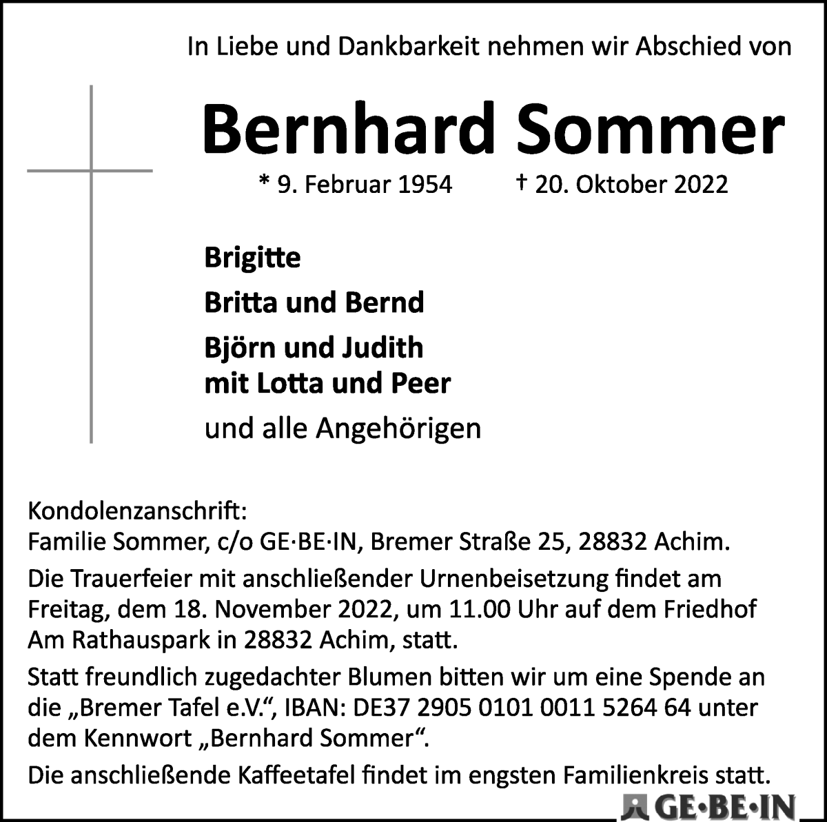  Traueranzeige für Bernhard Sommer vom 05.11.2022 aus WESER-KURIER