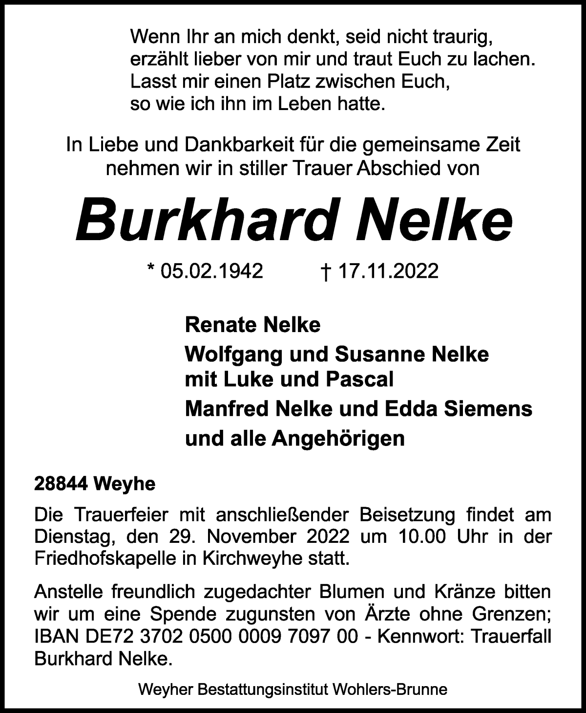  Traueranzeige für Burkhard Nelke vom 23.11.2022 aus Regionale Rundschau/Syker Kurier