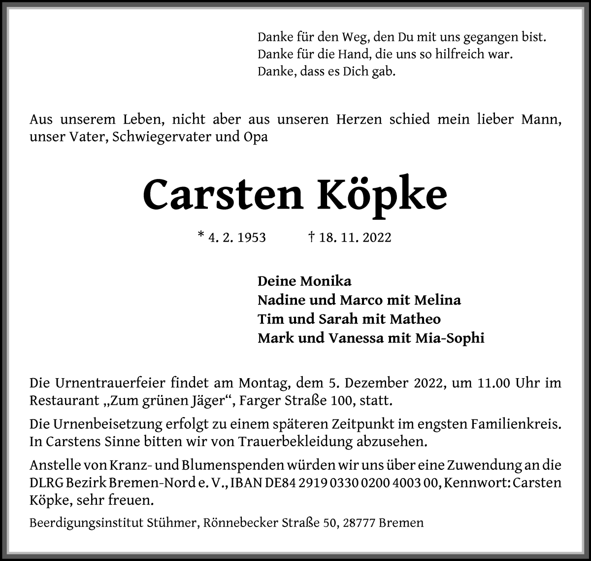 Traueranzeige von Carsten Köpke von Die Norddeutsche