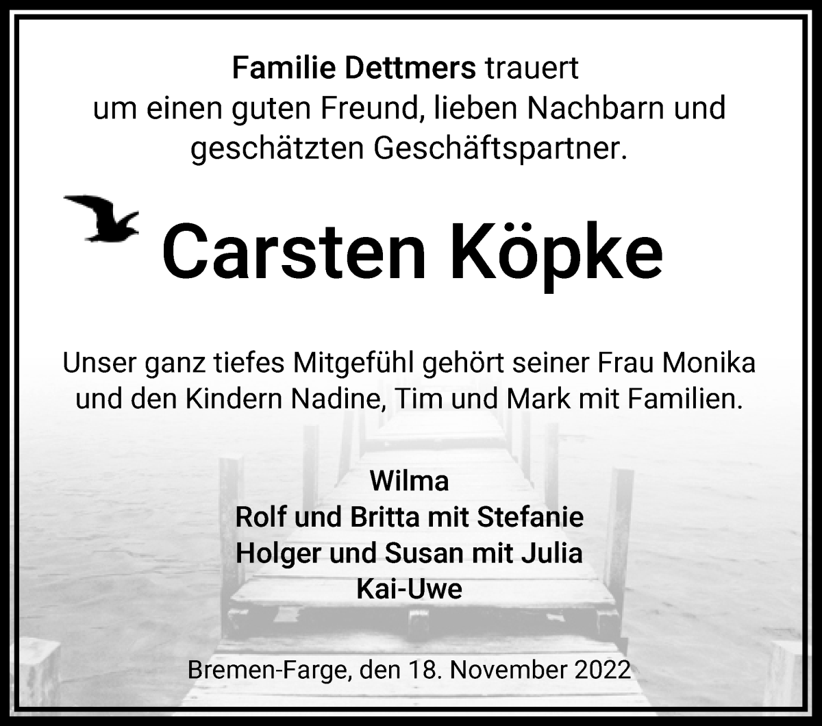  Traueranzeige für Carsten Köpke vom 30.11.2022 aus Die Norddeutsche