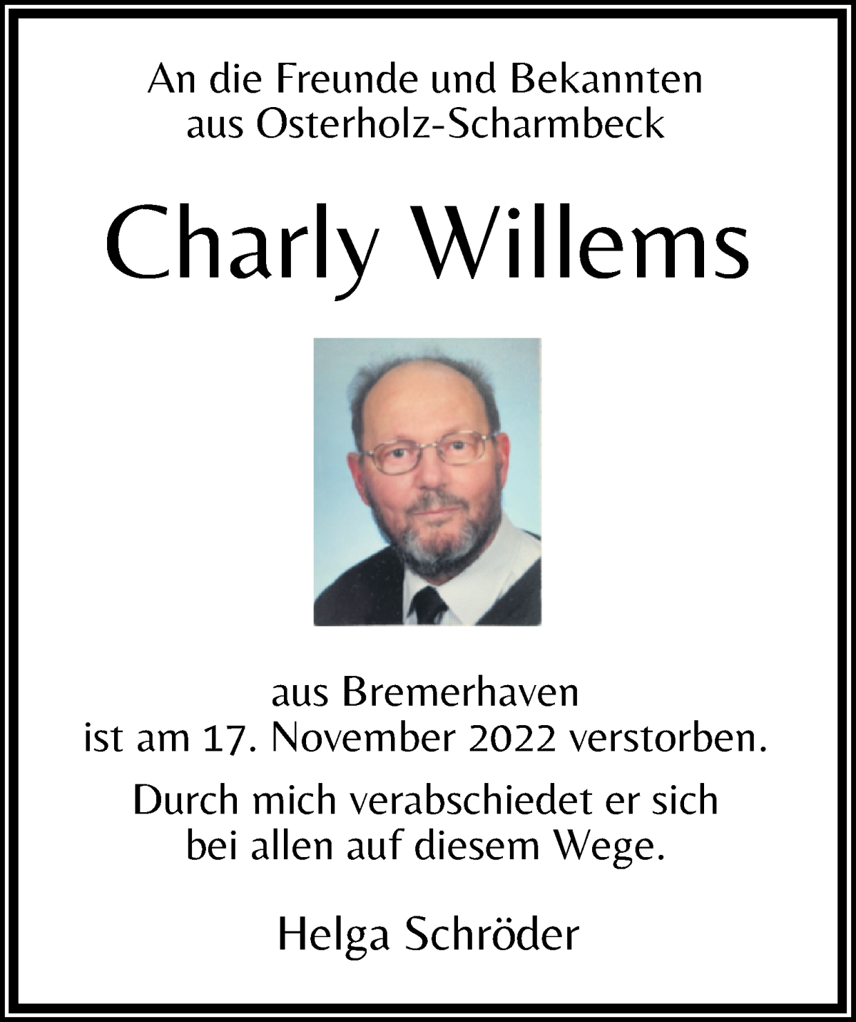 Traueranzeige von Charly Willems von Osterholzer Kreisblatt