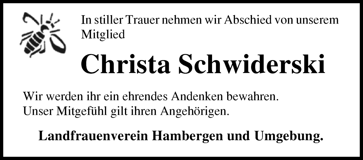 Traueranzeige von Christa Schwiderski von Osterholzer Kreisblatt
