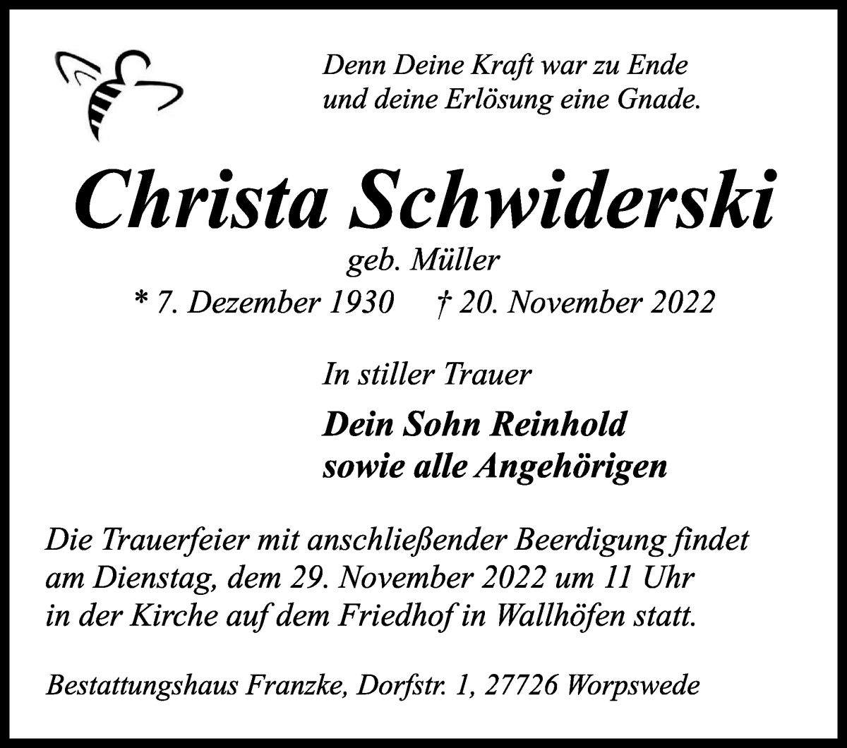  Traueranzeige für Christa Schwiderski vom 24.11.2022 aus Osterholzer Kreisblatt