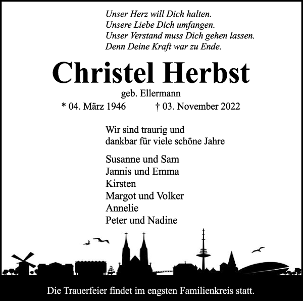 Traueranzeige von Christel Herbst von WESER-KURIER