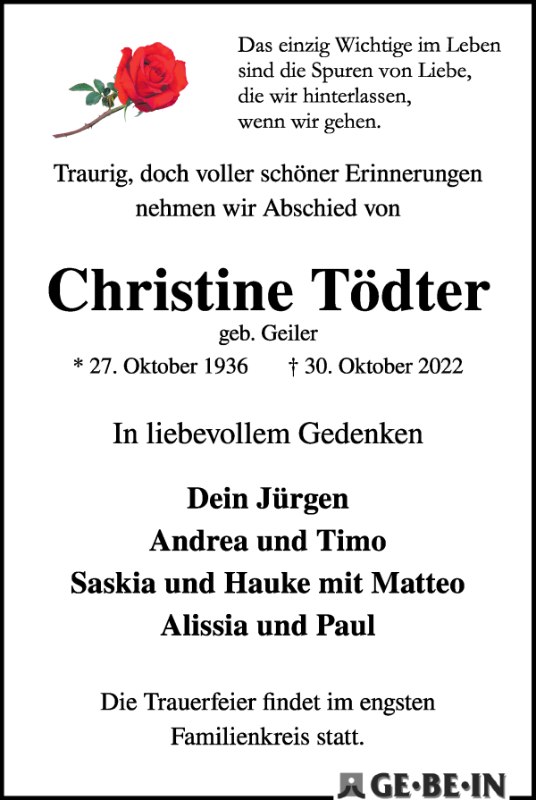 Traueranzeige von Christine Tödter von WESER-KURIER