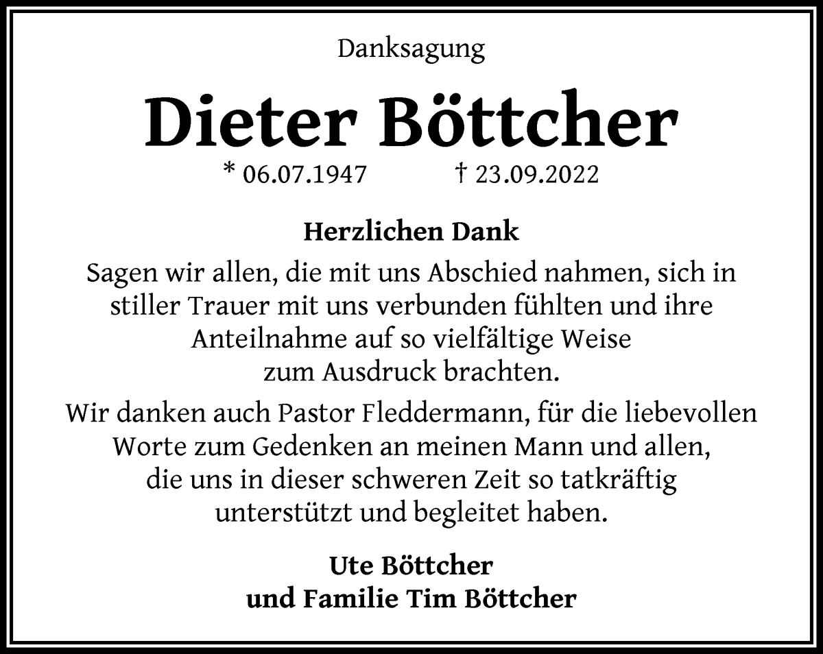  Traueranzeige für Dieter Böttcher vom 26.11.2022 aus WESER-KURIER