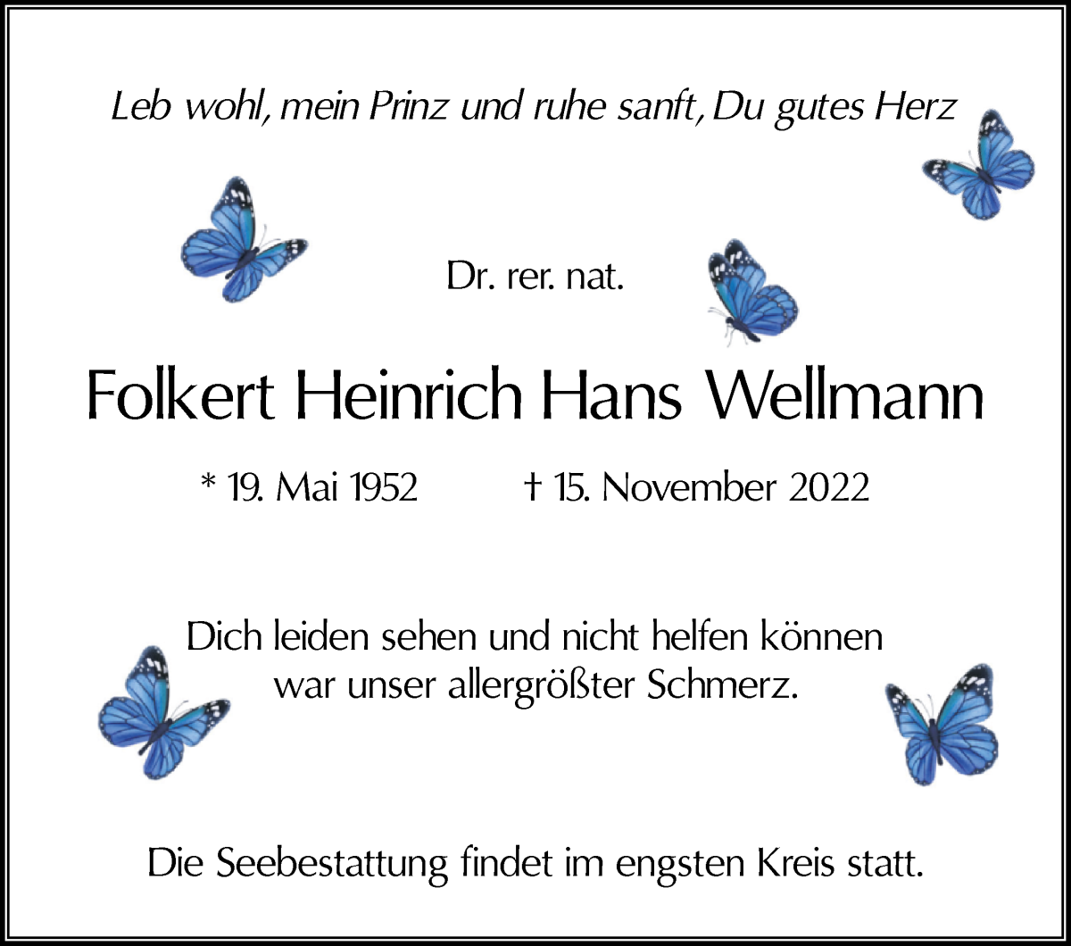  Traueranzeige für Dr. rer. nat. Folkert Heinrich Hans Wellmann vom 19.11.2022 aus Osterholzer Kreisblatt