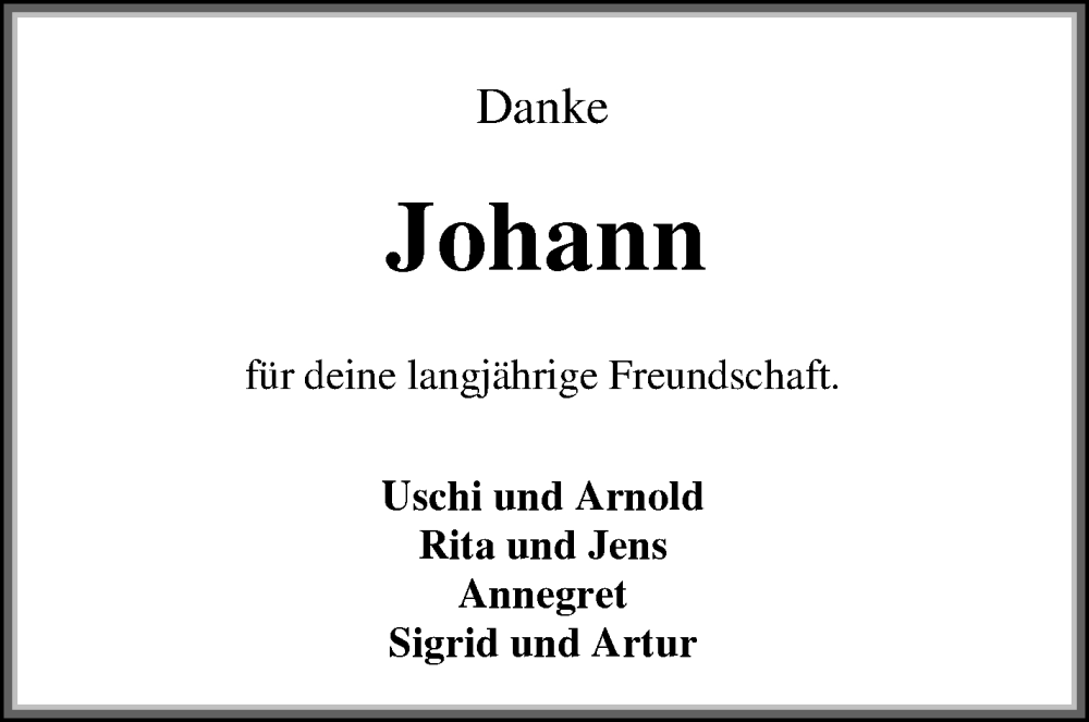 Traueranzeige von Johann Schriefer von Artur Gloystein