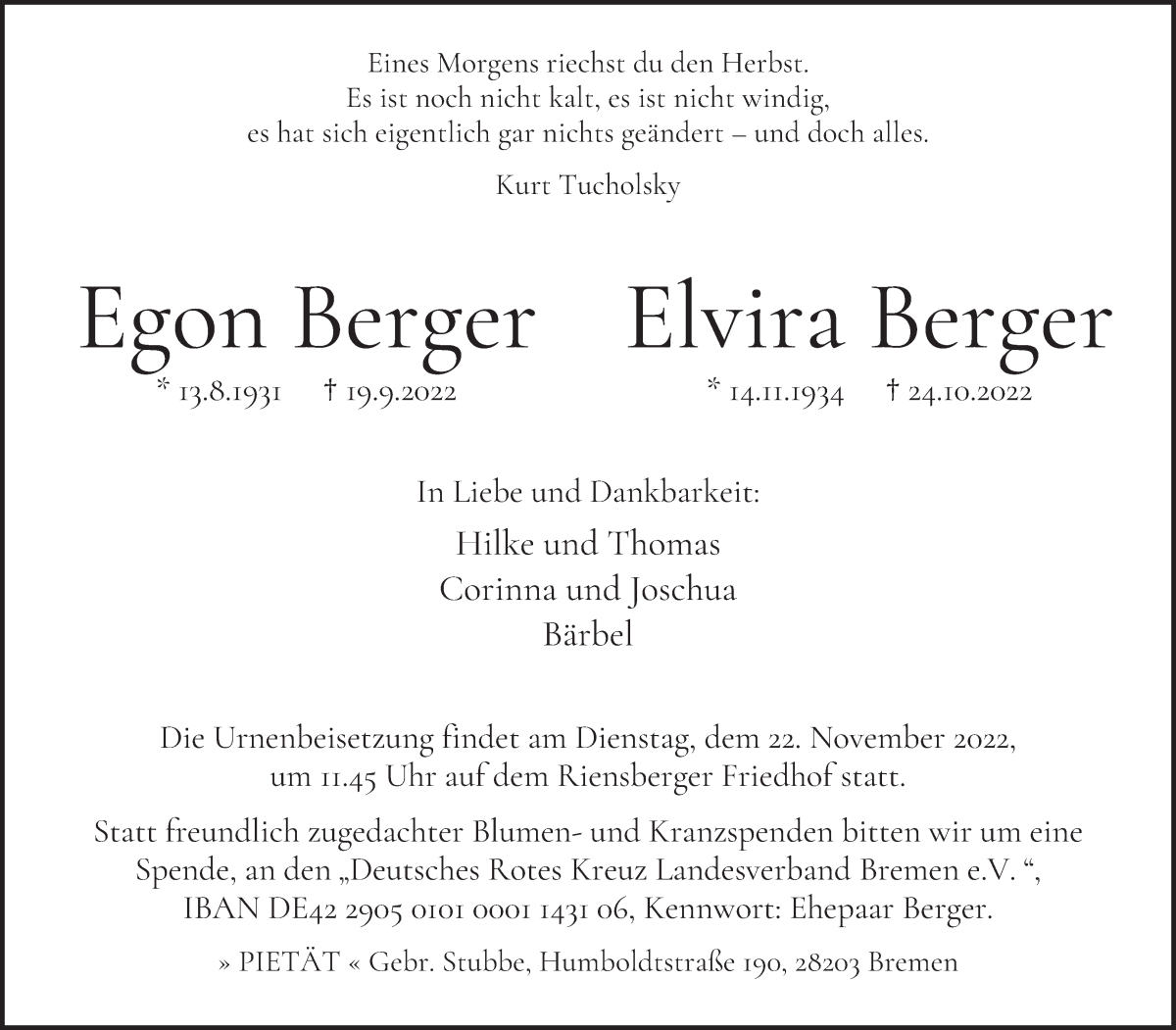 Traueranzeige von Egon und Elvira Berger von WESER-KURIER