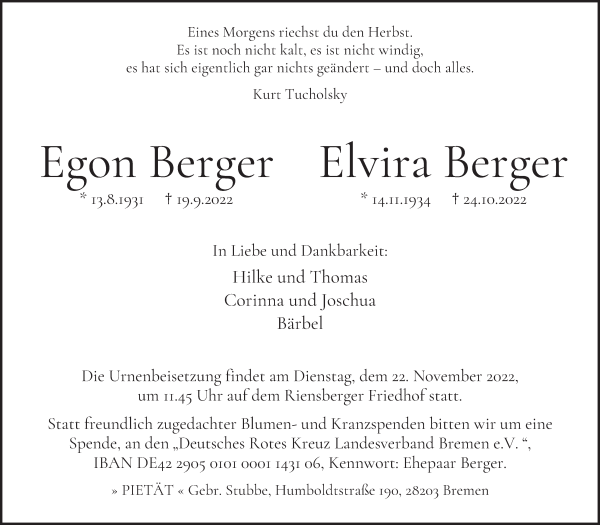 Traueranzeige von Egon und Elvira Berger