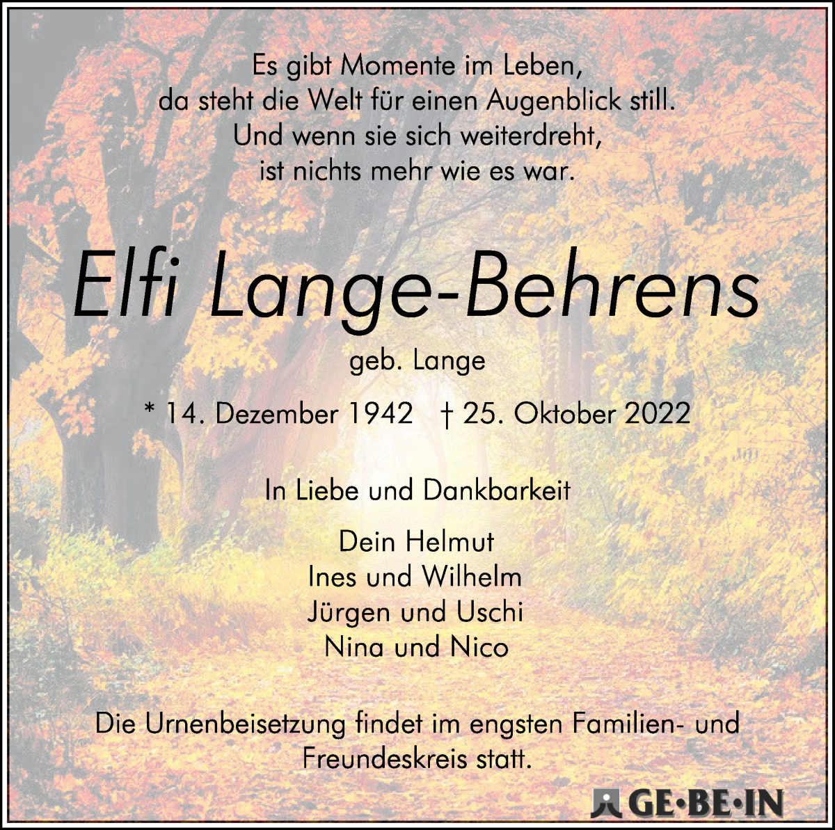  Traueranzeige für Elfi Lange-Behrens vom 05.11.2022 aus WESER-KURIER