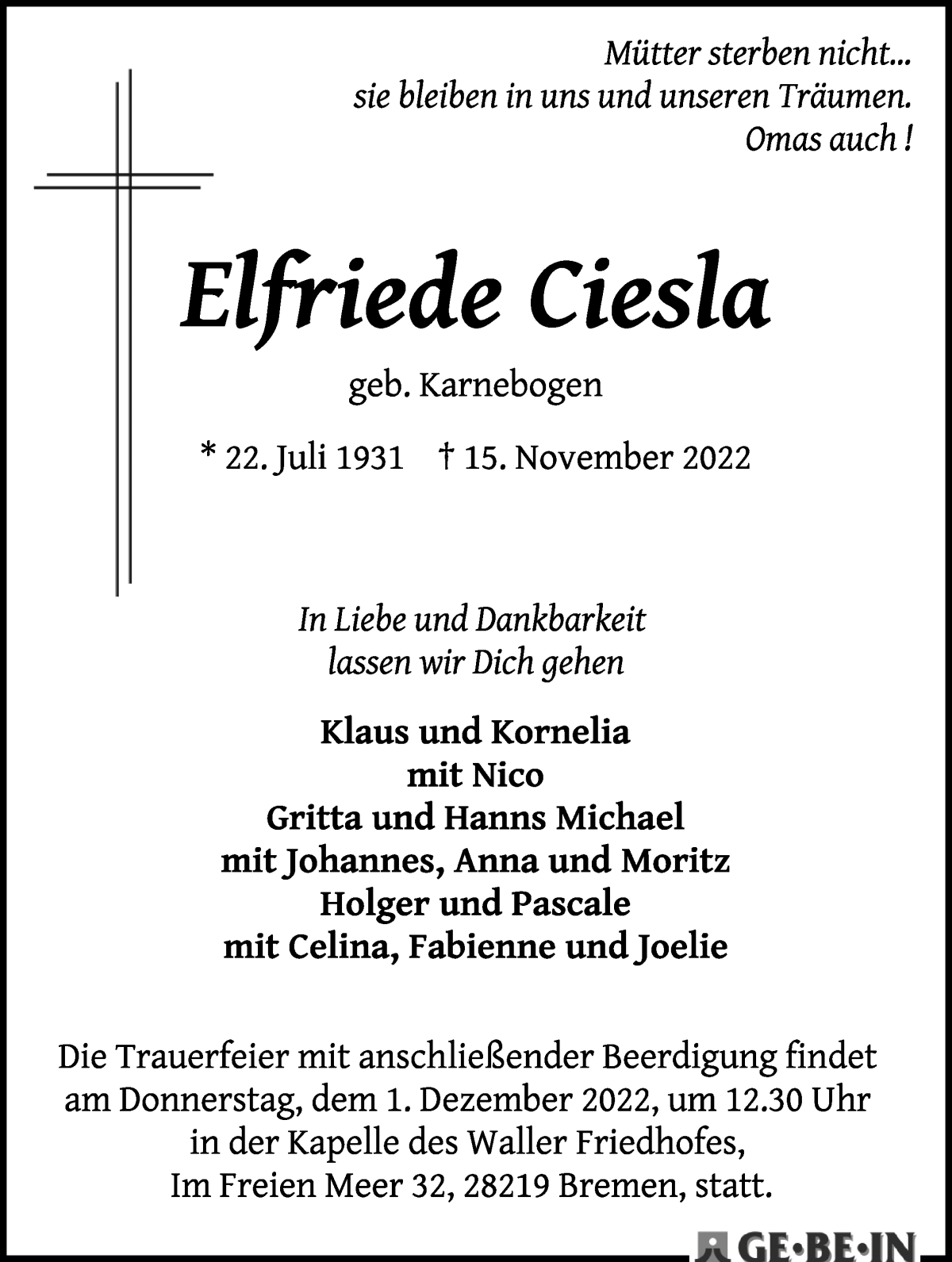  Traueranzeige für Elfriede Ciesla vom 26.11.2022 aus WESER-KURIER