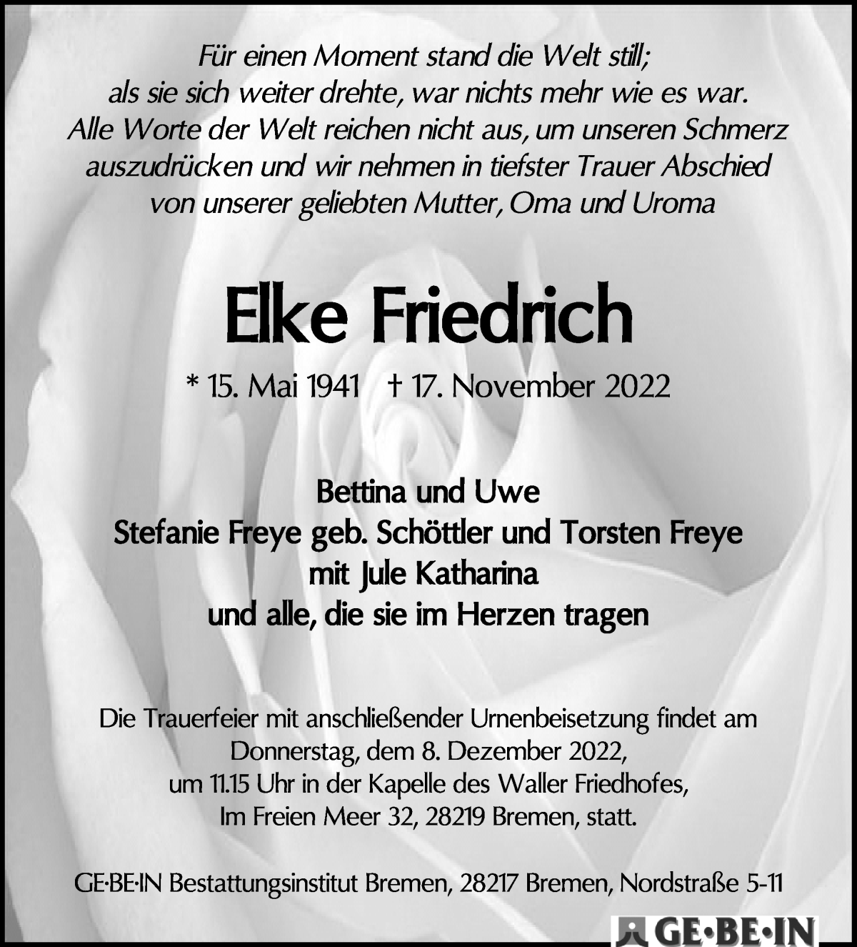  Traueranzeige für Elke Friedrich vom 26.11.2022 aus WESER-KURIER