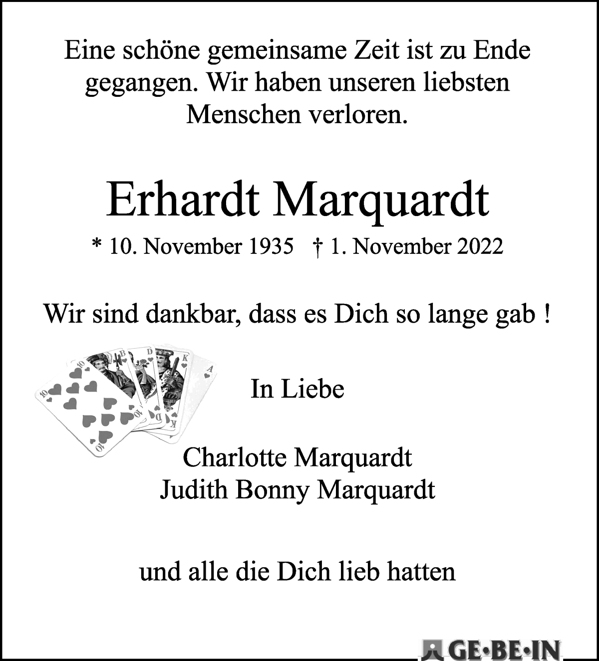 Traueranzeige von Erhardt Marquardt von Die Norddeutsche