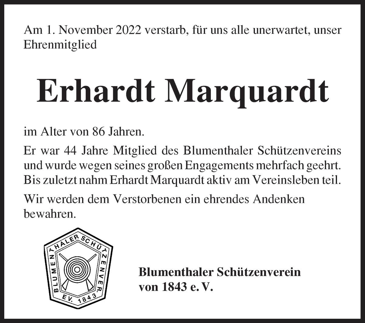 Traueranzeige von Erhardt Marquardt von Die Norddeutsche