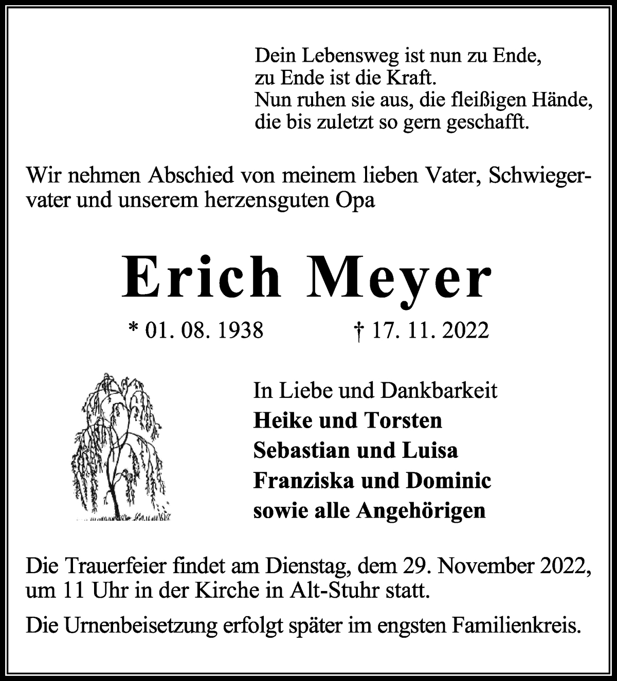  Traueranzeige für Erich Meyer vom 23.11.2022 aus Regionale Rundschau/Syker Kurier