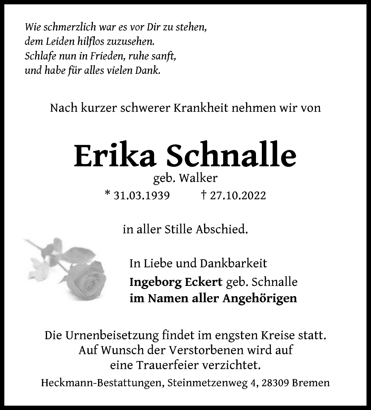  Traueranzeige für Erika Schnalle vom 05.11.2022 aus WESER-KURIER